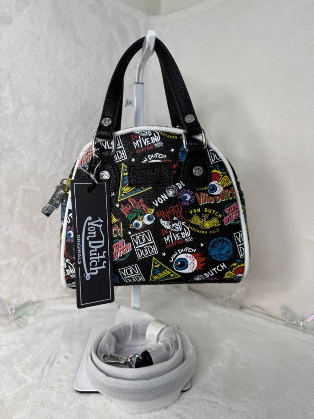 Von Dutch Graphic Crossbody Bag NWT with Removable Strap + Handmade Bag Charm